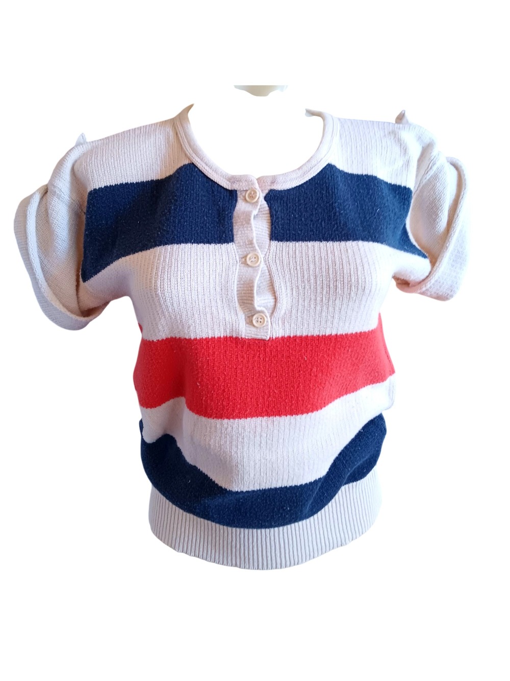 Vintage Women's Medium Top 1970's Knit Striped Monarch Short-Sleeve Sweater Boho